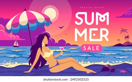 Retro flat summer big sale poster with beautiful girl in swimsuit on tropic beach  background. Vector illustration