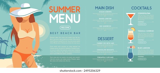 Retro flat summer cocktail menu design with beautiful girl in swimsuit on tropic beach  background. Vector illustration