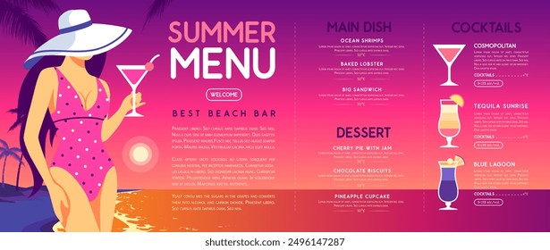 Retro flat summer cocktail menu design with beautiful girl in swimsuit on tropic beach  background. Vector illustration