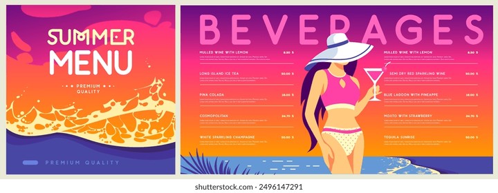 Retro flat summer cocktail menu design with beautiful girl in swimsuit on tropic beach  background. Vector illustration