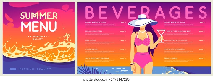 Retro flat summer cocktail menu design with beautiful girl in swimsuit on tropic beach  background. Vector illustration