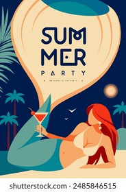 Retro flat summer cocktail party poster with mermaid and cocktail on beach background. Vector illustration