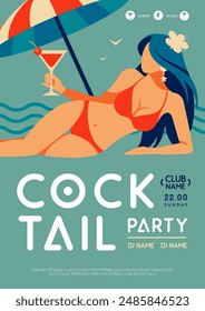 Retro flat summer cocktail party poster with beautiful girl in swimsuit and cocktail on beach background. Vector illustration