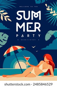 Retro flat summer cocktail party poster with beautiful girl in swimsuit and cocktail on beach background. Vector illustration