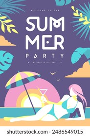 Retro flat summer cocktail party poster with beautiful girl in swimsuit and cocktail on beach background. Vector illustration