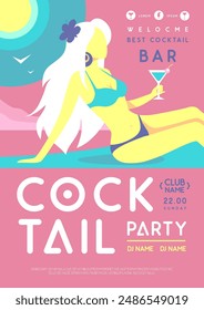 Retro flat summer cocktail party poster with beautiful girl in swimsuit and cocktail on beach background. Vector illustration