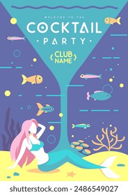 Retro flat summer cocktail party poster with mermaid and cocktail under the sea. Vector illustration