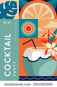 Retro flat summer disco party poster with summer attributes. Pina colada cocktail , tropic fruits and leaves. Vector illustration