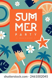 Retro flat summer disco party poster with ice cream, rainbow and tropic fruits. Vector illustration