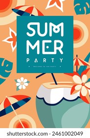 Retro flat summer disco party poster with cocktail and tropic leaves. Vector illustration