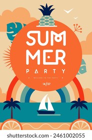 Póster retro de fiesta de discoteca plana de verano con piña, arco iris y paisaje tropical. Ilustración vectorial