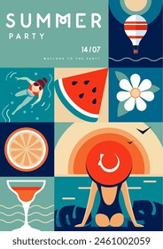 Póster retro de fiesta disco de verano plano con atributos de verano. Cóctel , frutas tropicales, chica con sombrero y globo aerostático. Ilustración vectorial