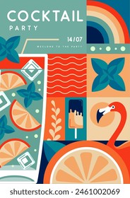 Retro flat summer disco party poster with summer attributes. Mojito cocktail , flamingo, ice cream, rainbow and orange. Vector illustration