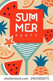 Póster retro de fiesta disco de verano plano con cóctel y frutas tropicales. Ilustración vectorial