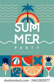 Retro flat summer disco party poster with summer attributes. Vector illustration