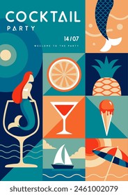 Retro flat summer disco party poster with summer attributes. Cocktail , tropic fruits, mermaids, ice cream and ship. Vector illustration