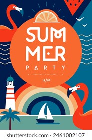 Retro flat summer disco party poster with flamingo, lighthouse and tropic landscape. Vector illustration