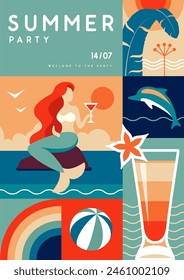 Retro flat summer disco party poster with summer attributes. Mermaid with cocktail, dolphin, tropic leavesand rainbow. Vector illustration