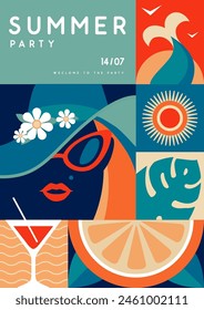 Retro Flat Sommer Disco Party Poster mit Sommer-Attribute. Mädchen in Hut, Meerjungfrau Schwanz, Cocktail kosmopolitisch und orange. Vektorillustration