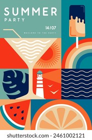 Retro flat summer disco party poster with summer attributes. Cocktail silhouette, lighthouse, ice cream, tropic leaves and watermelon. Vector illustration