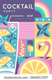 Retro Flat Sommer Disco Party Poster mit Sommer-Attribute. Mojito-Cocktail, Flamingo, Eis, Regenbogen und Orange. Vektorillustration