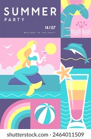 Retro flat summer disco party poster with summer attributes. Mermaid with cocktail, dolphin, tropic leavesand rainbow. Vector illustration