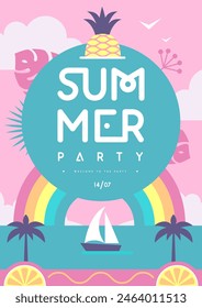 Póster retro de fiesta de discoteca plana de verano con piña, arco iris y paisaje tropical. Ilustración vectorial