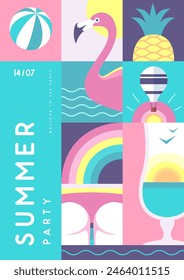 Retro flat summer disco party poster with summer attributes. Cocktail silhouette, flamingo, pineapple, rainbow and hot air balloon. Vector illustration