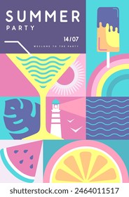 Retro flat summer disco party poster with summer attributes. Cocktail silhouette, lighthouse, ice cream, tropic leaves and watermelon. Vector illustration