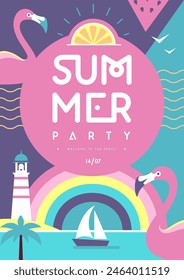 Retro flat summer disco party poster with flamingo, lighthouse and tropic landscape. Vector illustration