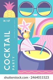 Retro flat summer disco party poster with summer attributes. Pina colada cocktail , tropic fruits and sunglasses. Vector illustration