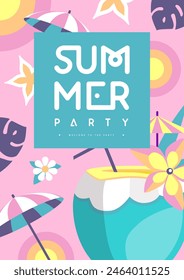 Retro flat summer disco party poster with cocktail and tropic leaves. Vector illustration