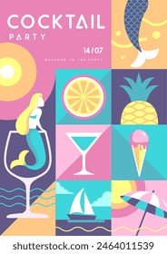 Póster retro de fiesta disco de verano plano con atributos de verano. Cóctel , frutas tropicales, sirenas, helados y barco. Ilustración vectorial