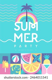 Póster retro de fiesta disco de verano plano con atributos de verano. Ilustración vectorial