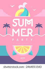 Retro flat summer disco party poster with mermaid tail. Vector illustration