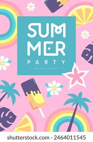 Póster retro de fiesta disco de verano plano con helado, arcoiris y frutas tropicales. Ilustración vectorial