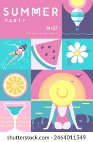 Póster retro de fiesta disco de verano plano con atributos de verano. Cóctel , frutas tropicales, chica con sombrero y globo aerostático. Ilustración vectorial