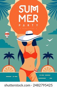 Cartel de fiesta de verano plano retro de la discoteca con la muchacha en traje de baño en el fondo de la playa. Ilustración vectorial