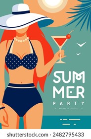 Póster de fiesta de discoteca de verano plano retro con chica en traje de baño y cóctel cosmopolita sobre fondo de playa. Ilustración vectorial
