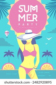 Retro flat summer disco party poster with girl in swimsuit on beach background. Vector illustration