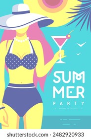 Retro flat summer disco party poster with girl in swimsuit and cosmopolitan cocktaill on beach background. Vector illustration