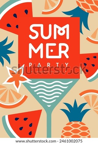 Retro flat summer disco party poster with cocktail and tropic fruits. Vector illustration