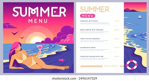 Retro flat summer menu design with beautiful girl in swimsuit on tropic beach  background. Vector illustration