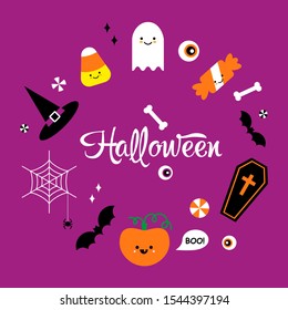 retro flat vector cute mystery magic set of holiday elements candy corn ghost bones bat eyeball web spider pumpkin jack coffin lollipop with lettering halloween on purple background free font