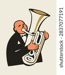 A retro flat vector illustration of a bald man in a tuxedo playing a large tuba horn.