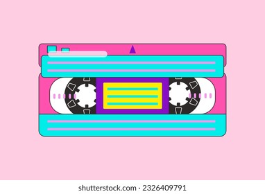 Retro flat Video Cassette on color pink background. Vector VHS tape record system in vintage style. Positive illustration of cute old style videotape machine device for banner or advertising