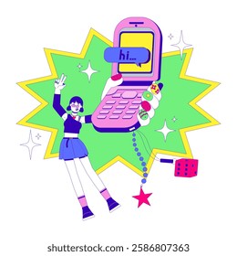 Retro flip phone and 2000s aesthetic 2D illustration concept. Hi text messaging. Girl celebrating bedazzled mobile with Y2K charms cartoon character isolated on white. Metaphor flat vector graphic