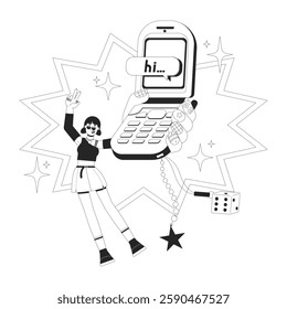 Retro flip phone and 2000s aesthetic black and white 2D illustration concept. Hi text messaging. Girl celebrating mobile with Y2K charms outline character isolated. Metaphor monochrome vector art