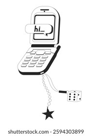 Retro flip phone with charms and text message linear illustration. Nostalgic mobile 2000s aesthetics. Pop culture. Vintage cellphone 2D line object isolated on white. Monochrome vector outline image