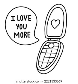 Retro flip phone doodle with message bubble with lettering I love you more. Valentine's day concept. Prefect for sticker, social media, posters, greeting card. Hand drawn isolated vector illustration